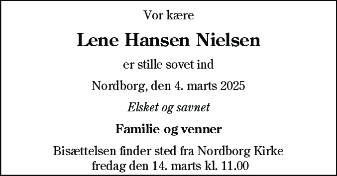 Dødsannonce for Lene Hansen Nielsen