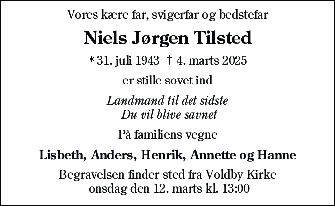 Dødsannonce for Niels Jørgen Tilsted