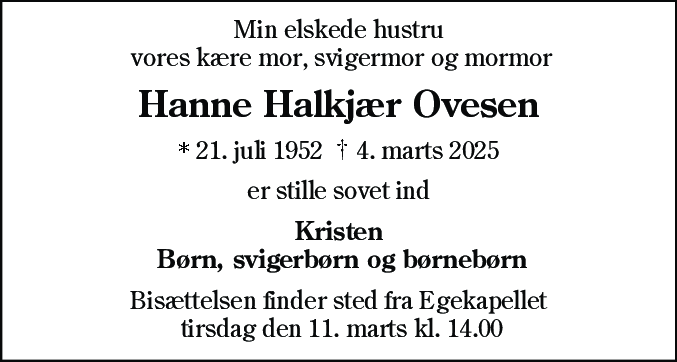 Dødsannonce for Hanne Halkjær Ovesen
