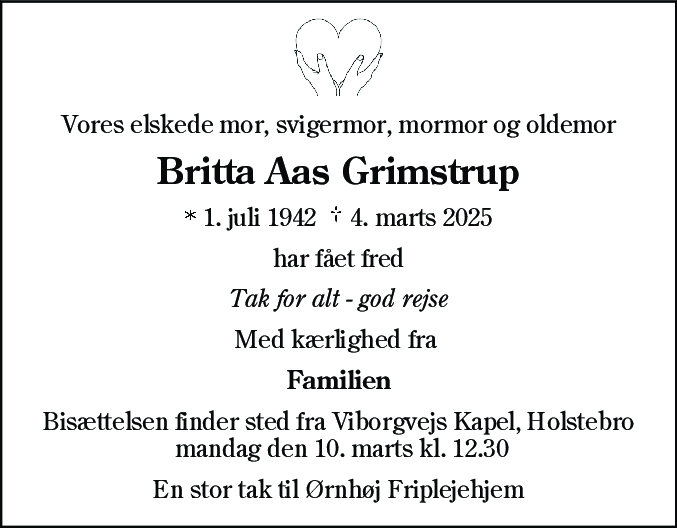 Dødsannonce for Britta Aas Grimstrup