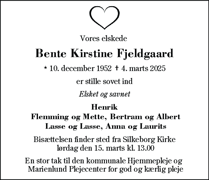 Dødsannonce for Bente Kirstine Fjeldgaard