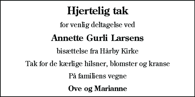 Dødsannonce for Annette Gurli Larsen