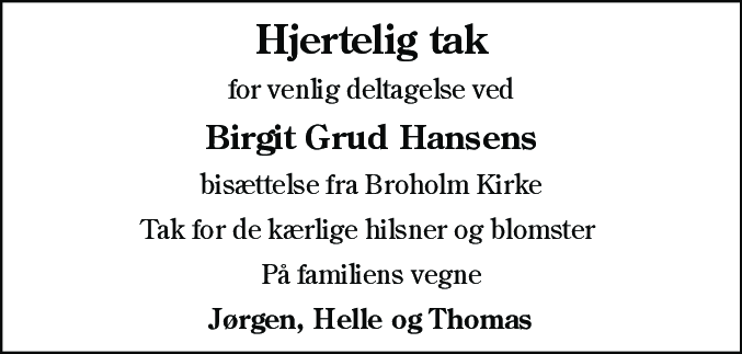 Dødsannonce for Birgit Grud Hansen