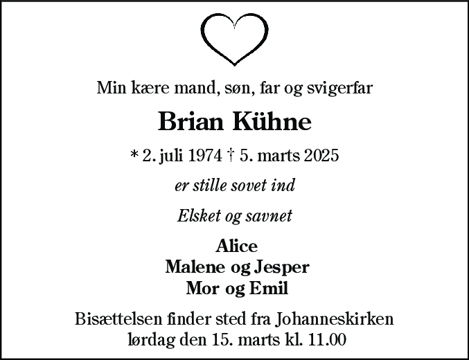 Dødsannonce for Brian Kühne