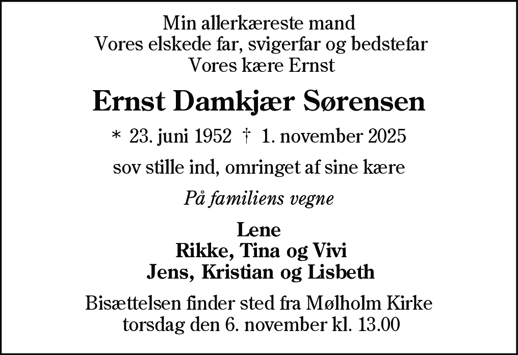 Dødsannonce for Ernst Damkjær Sørensen
