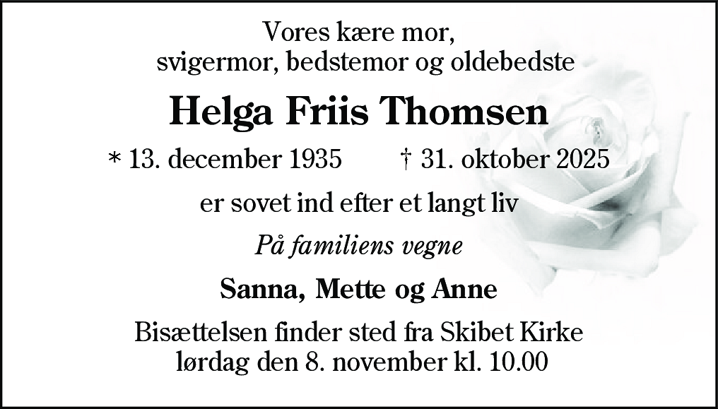 Dødsannonce for Helga Friis Thomsen