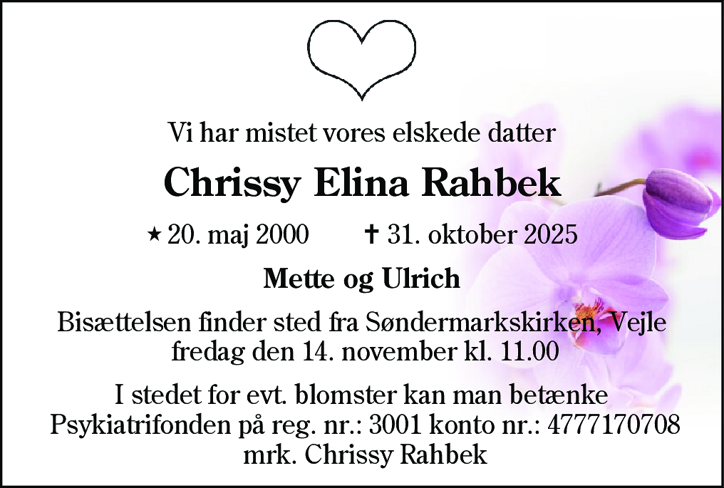 Dødsannonce for Chrissy Elina Rahbek