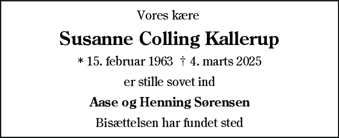 Dødsannonce for Susanne Colling Kallerup
