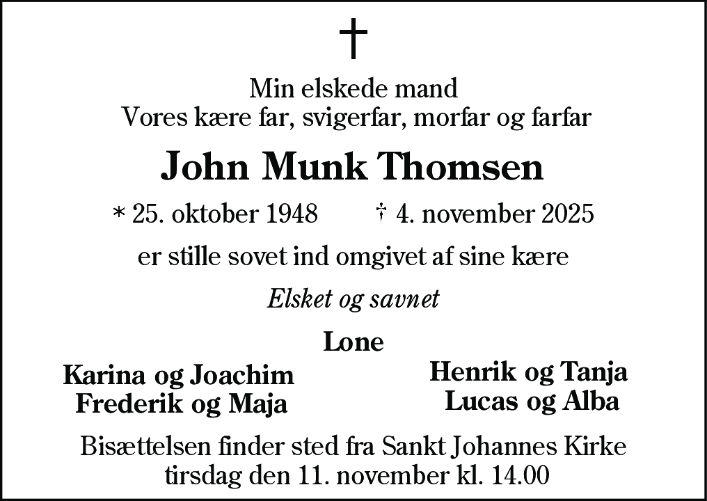 Dødsannonce for John Munk Thomsen