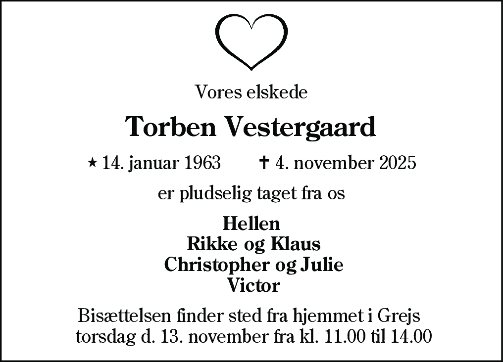 Dødsannonce for Torben Vestergaard