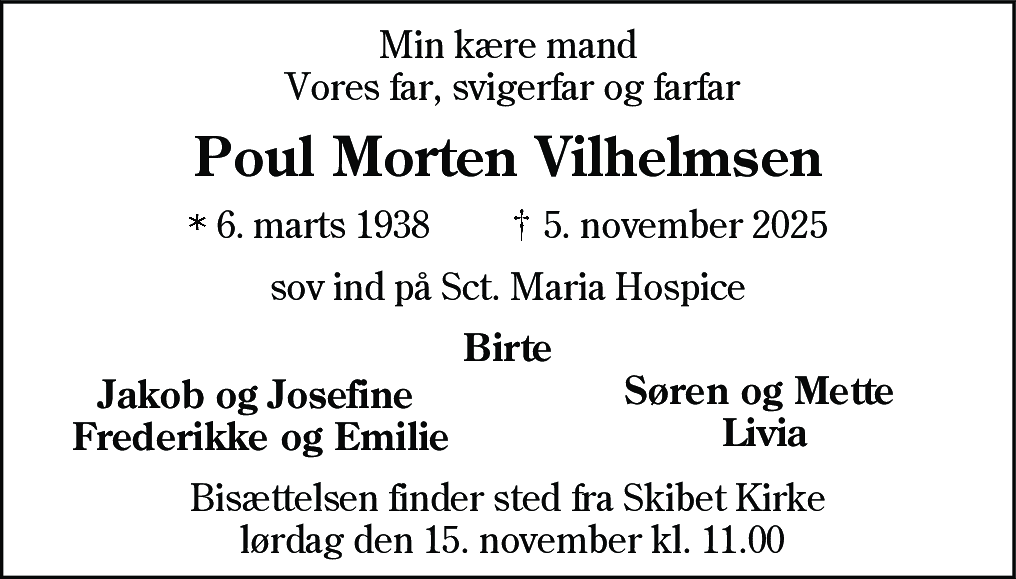 Dødsannonce for Poul Morten Vilhelmsen