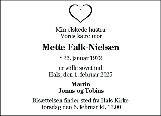 Dødsannonce for Mette Falk-Nielsen