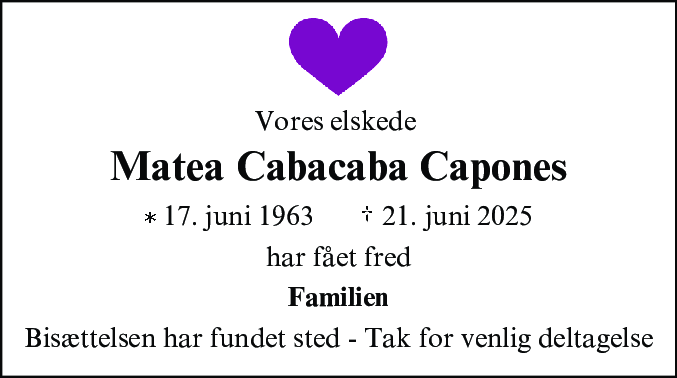 Dødsannonce for Matea Cabacaba Capones