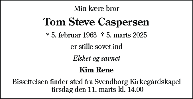 Dødsannonce for Tom Steve Caspersen