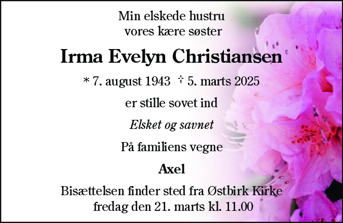 Dødsannonce for Irma Evelyn Christiansen