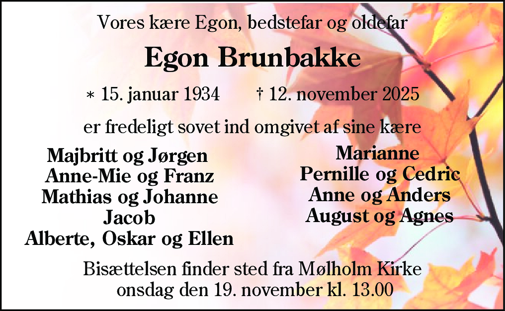 Dødsannonce for Egon Brunbakke
