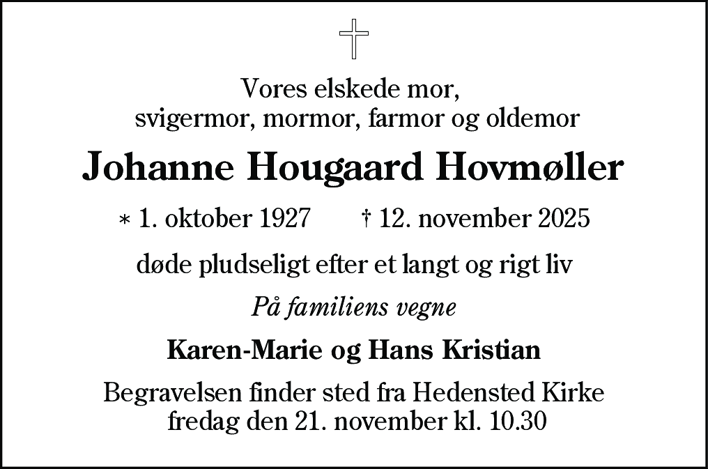 Dødsannonce for Johanne Hougaard Hovmøller