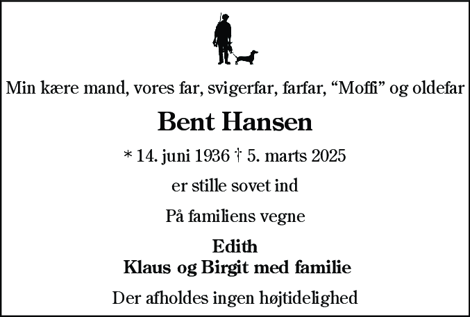 Dødsannonce for Bent Hansen