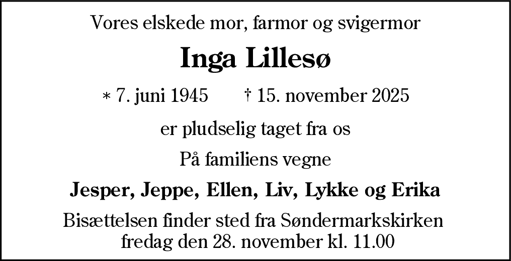 Dødsannonce for Inga Lillesø