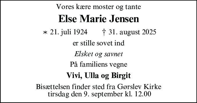 Dødsannonce for Else Marie Jensen