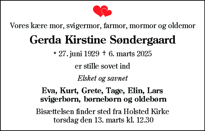 Dødsannonce for Gerda Kirstine Søndergaard
