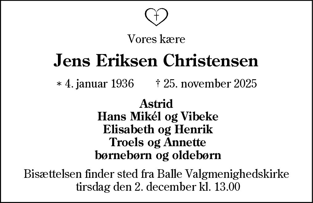 Dødsannonce for Jens Eriksen Christensen