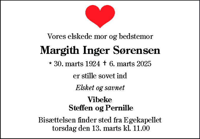 Dødsannonce for Margith Inger Sørensen