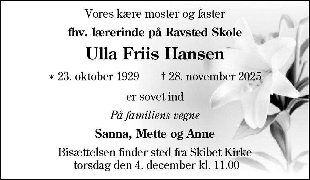 Dødsannonce for Ulla Friis Hansen