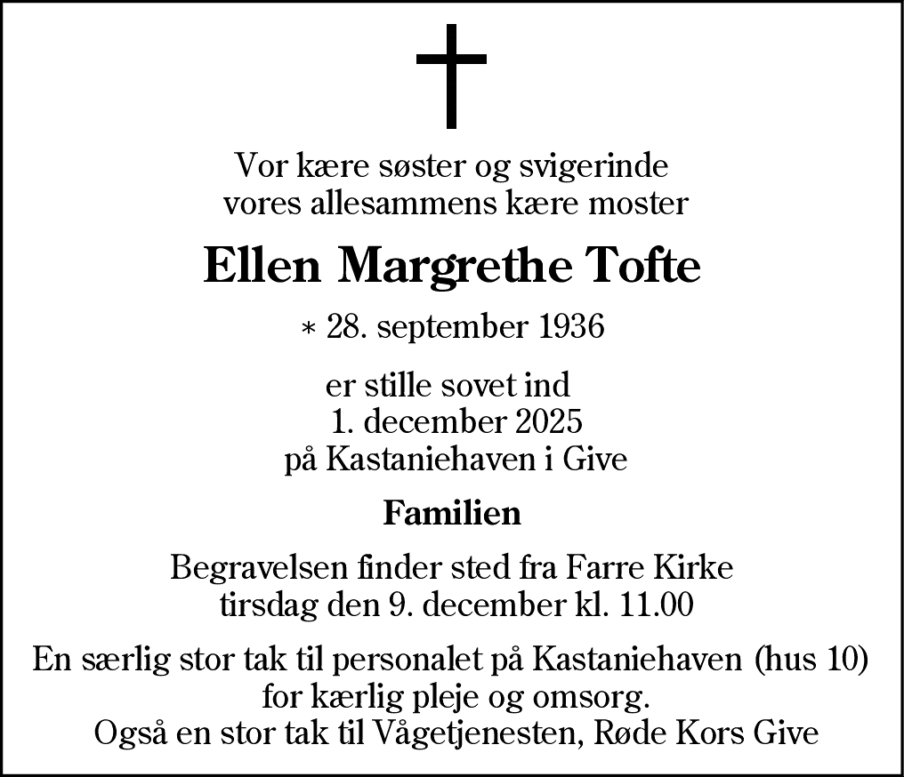 Dødsannonce for Ellen Margrethe Tofte