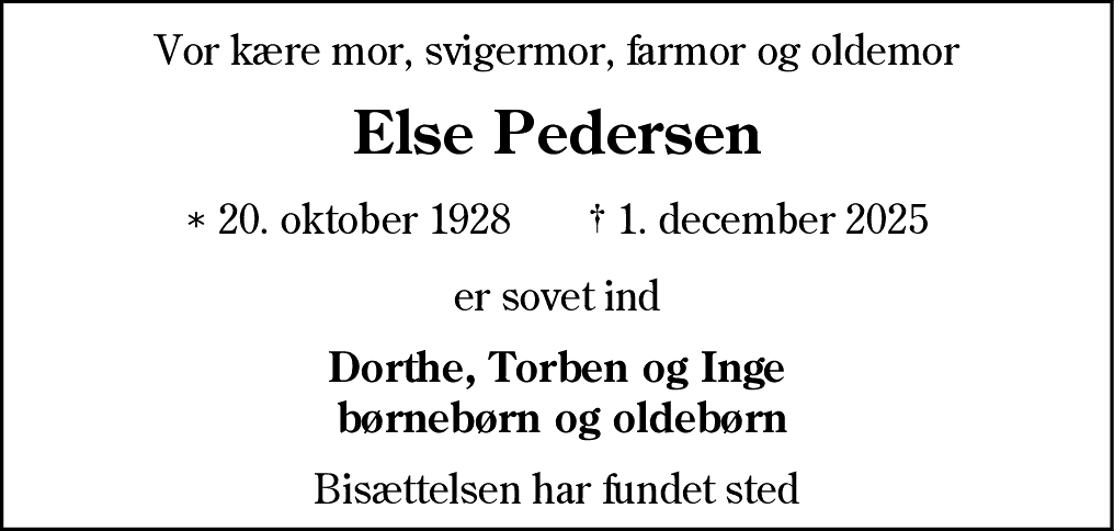 Dødsannonce for Else Pedersen