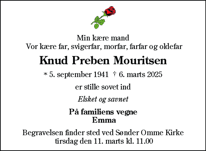 Dødsannonce for Knud Preben Mouritsen