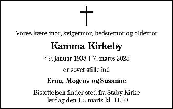 Dødsannonce for Kamma Kirkeby