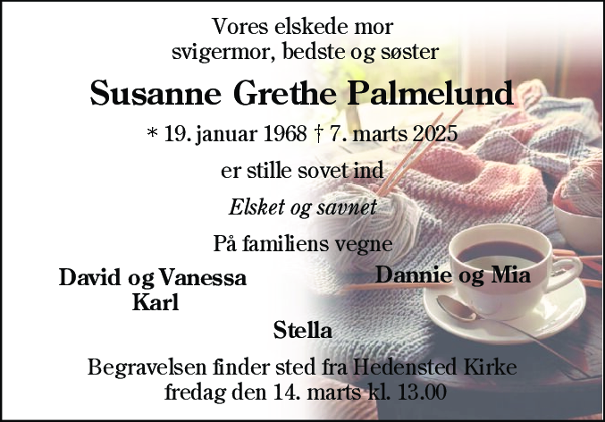 Dødsannonce for Susanne Grethe Palmelund