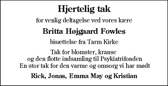 Dødsannonce for Britta Højgaard Fowle