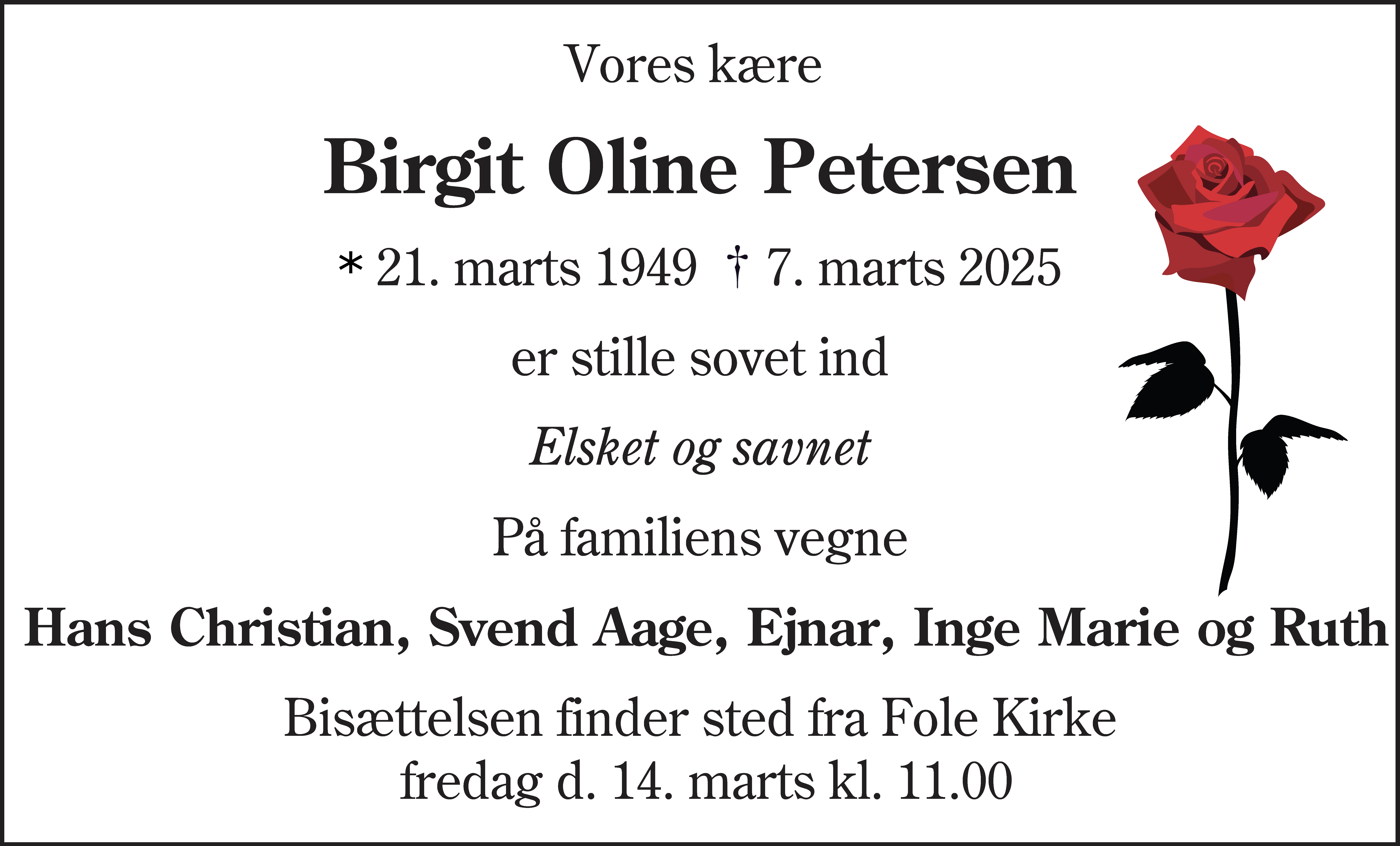 Dødsannonce for Birgit Oline Petersen