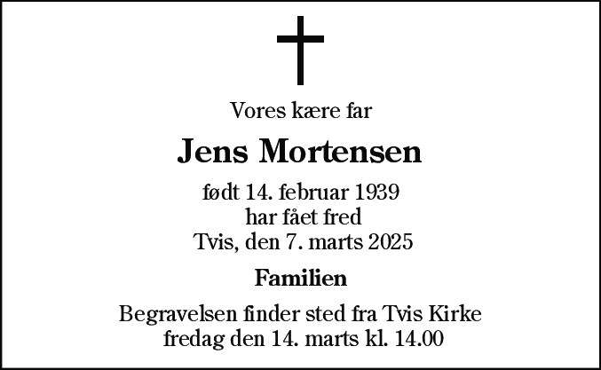 Dødsannonce for Jens Arthur Mortensen