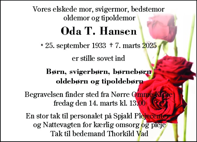 Dødsannonce for Esther Oda Tang Hansen