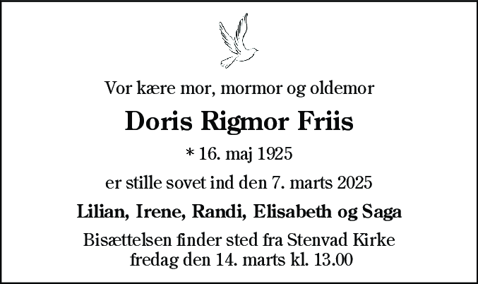 Dødsannonce for Doris Rigmor Friis