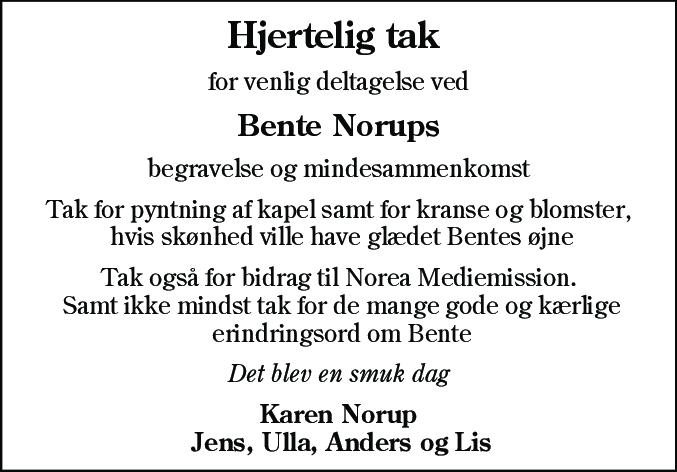 Dødsannonce for Bente Norup
