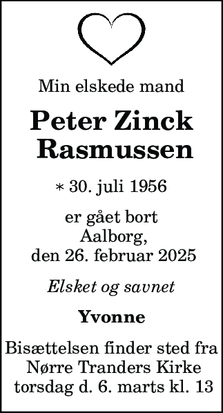 Dødsannonce for Peter Zinck Rasmussen