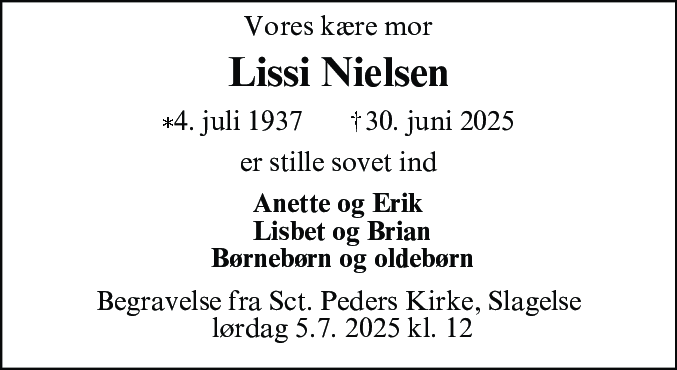 Dødsannonce for Lissi Ruth Nielsen