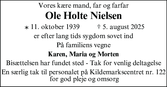 Dødsannonce for Ole Holte Nielsen