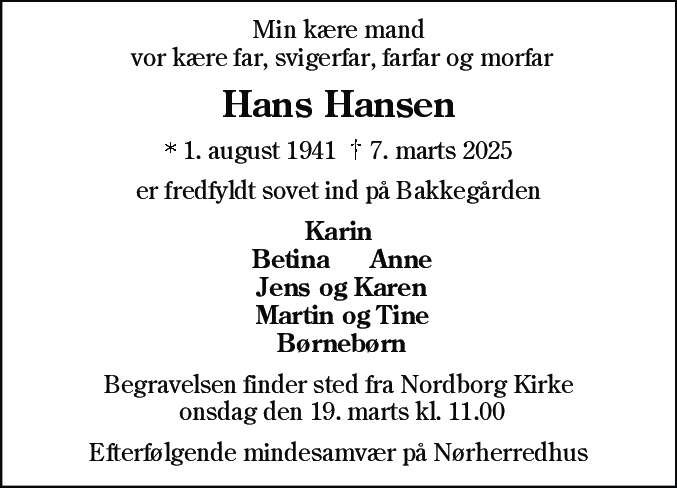 Dødsannonce for Hans Hansen