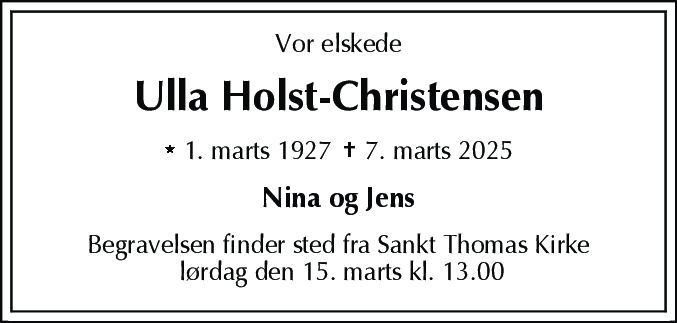 Dødsannonce for Ulla Agnethe Riis Holst-Christensen