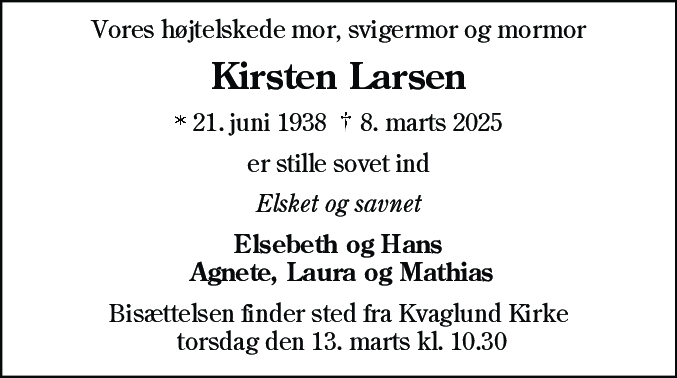 Dødsannonce for Kirsten Larsen