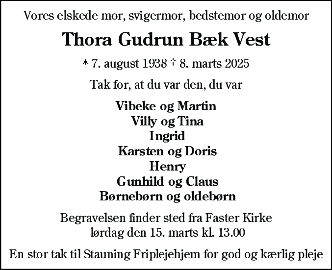 Dødsannonce for Thora Gudrun Bæk Vest