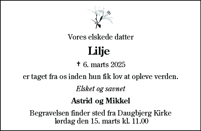 Dødsannonce for Lilje Lille pige