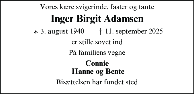 Dødsannonce for Inger Birgit Adamsen