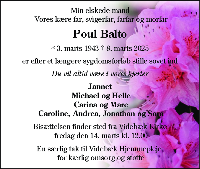 Dødsannonce for Poul Balto