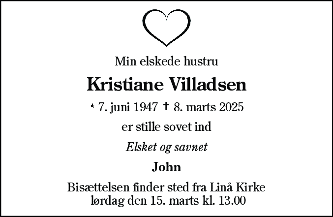 Dødsannonce for Kristiane Villadsen